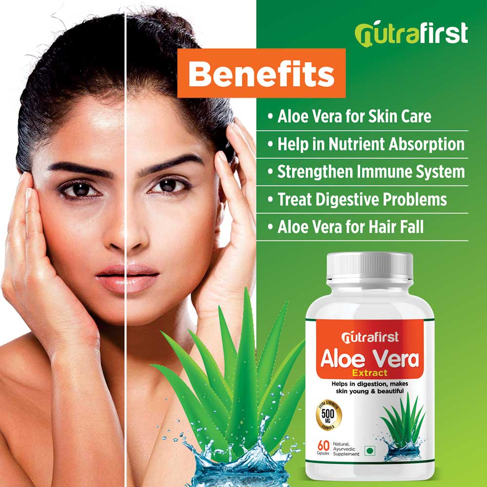 Nutrafirst Aloe Vera Extract 500mg for Skin, Hair, Acne and Weight loss – 60 Capsules