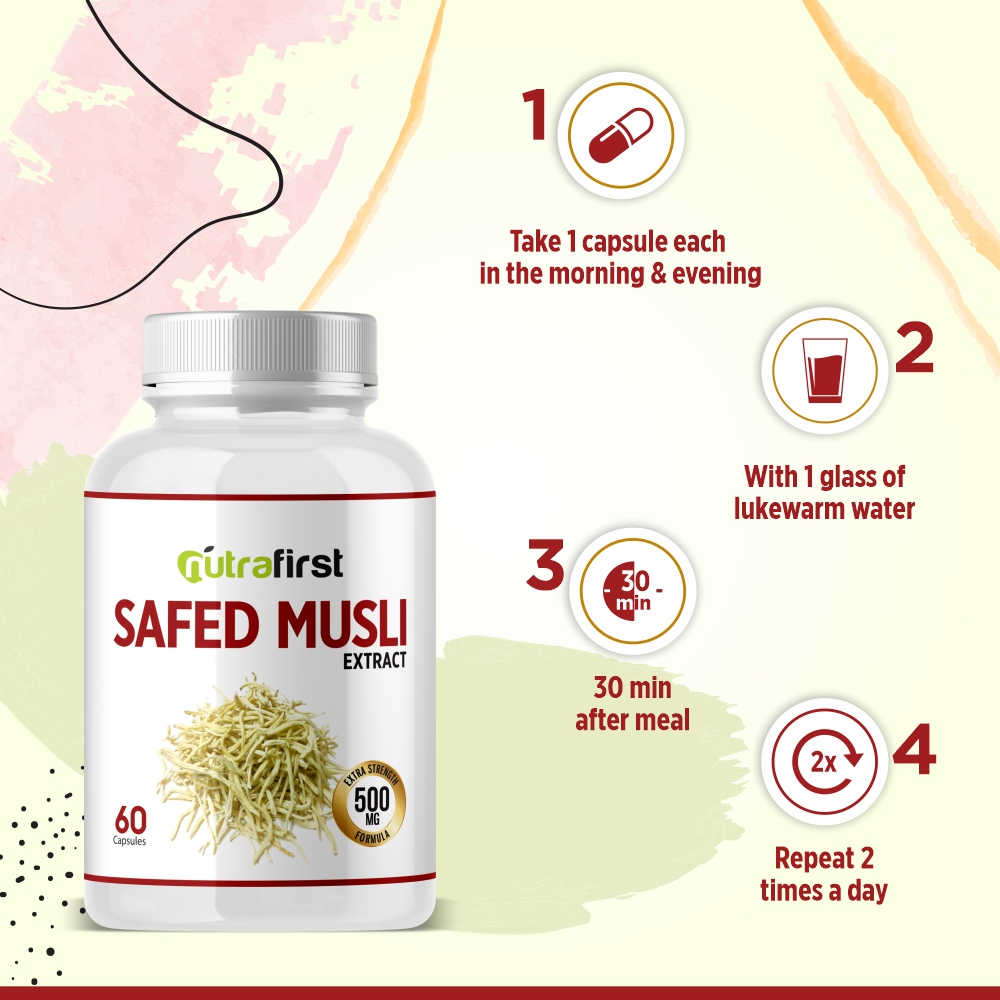 Safed Musli Capsules (100% Pure & Organic) 500mg – 4 Bottles Pack